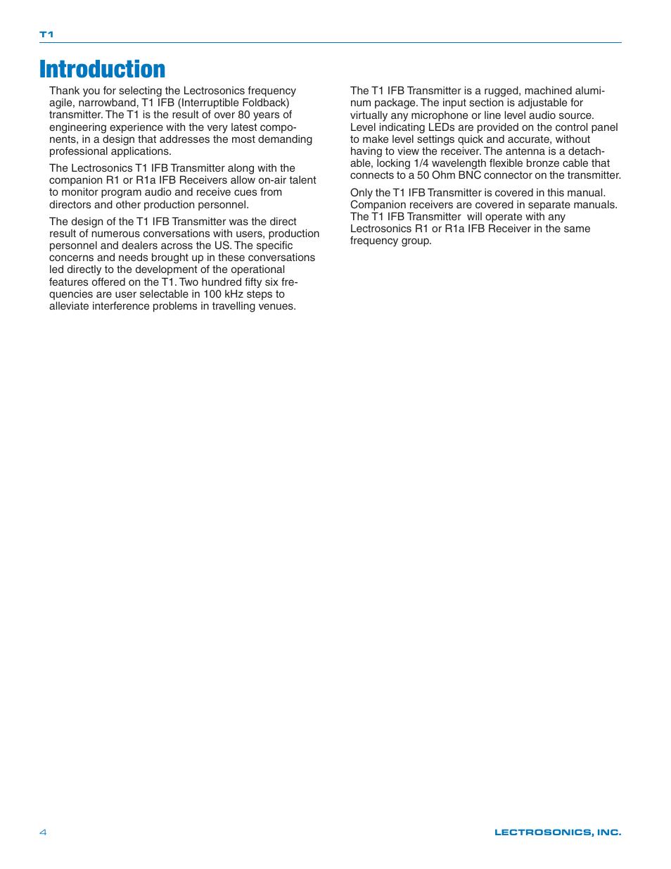 Introduction | Lectrosonics T1 User Manual | Page 4 / 16