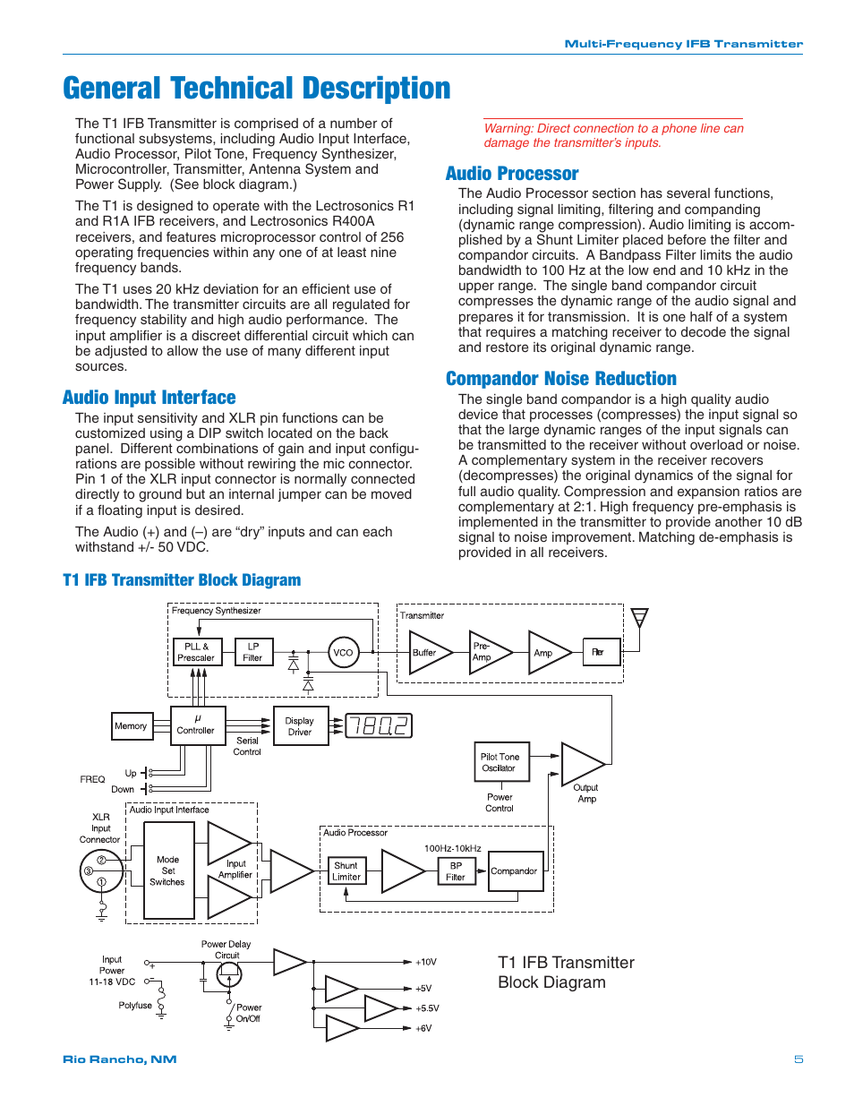 General technical description, Audio input interface, Audio processor | Compandor noise reduction | Lectrosonics T1 User Manual | Page 5 / 16