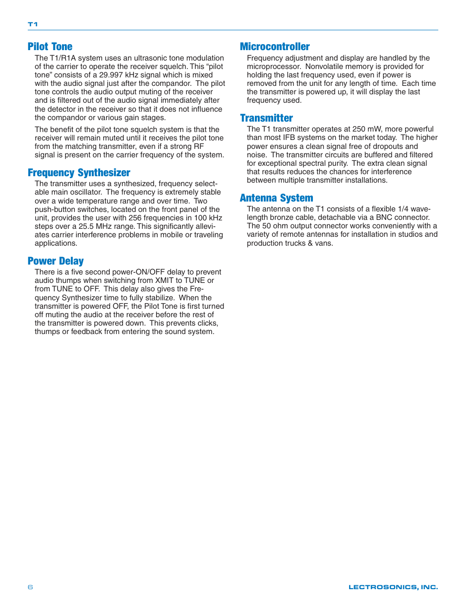 Pilot tone, Frequency synthesizer, Power delay | Microcontroller, Transmitter, Antenna system | Lectrosonics T1 User Manual | Page 6 / 16