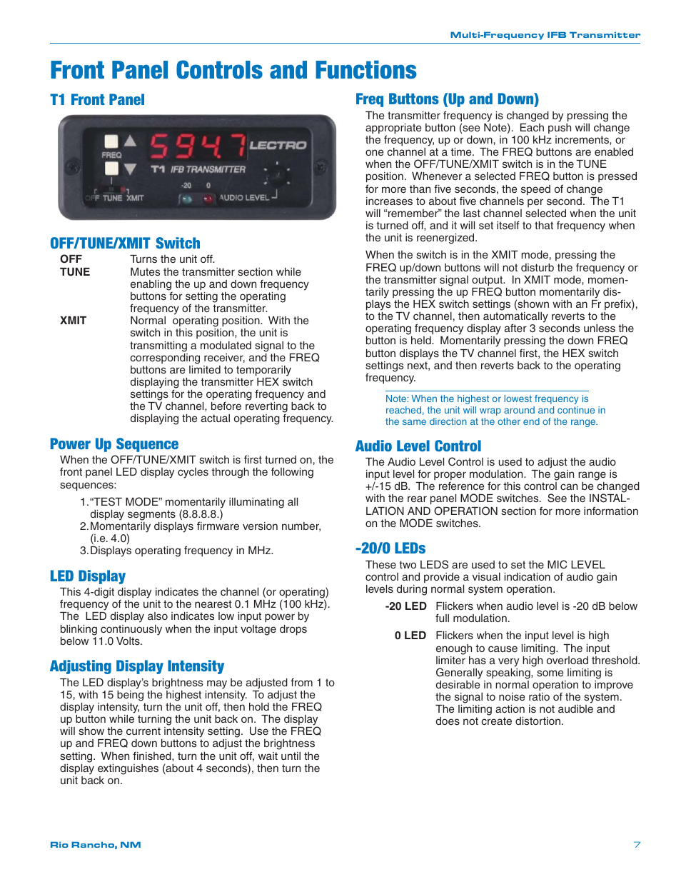 Front panel controls and functions, T1 front panel off/tune/xmit switch, Power up sequence | Led display, Adjusting display intensity, Freq buttons (up and down), Audio level control, 20/0 leds | Lectrosonics T1 User Manual | Page 7 / 16