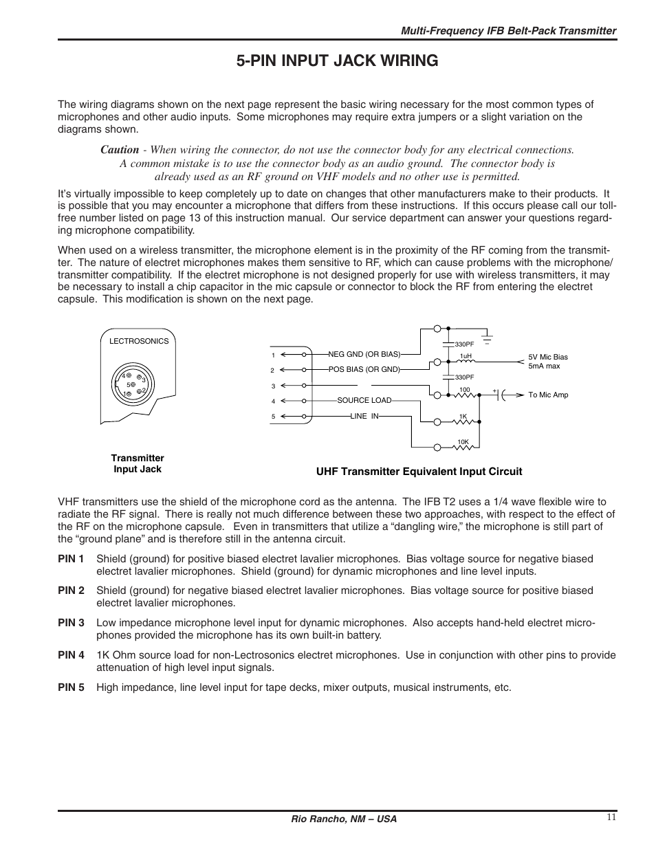 Pin input jack wiring | Lectrosonics T2 User Manual | Page 11 / 18