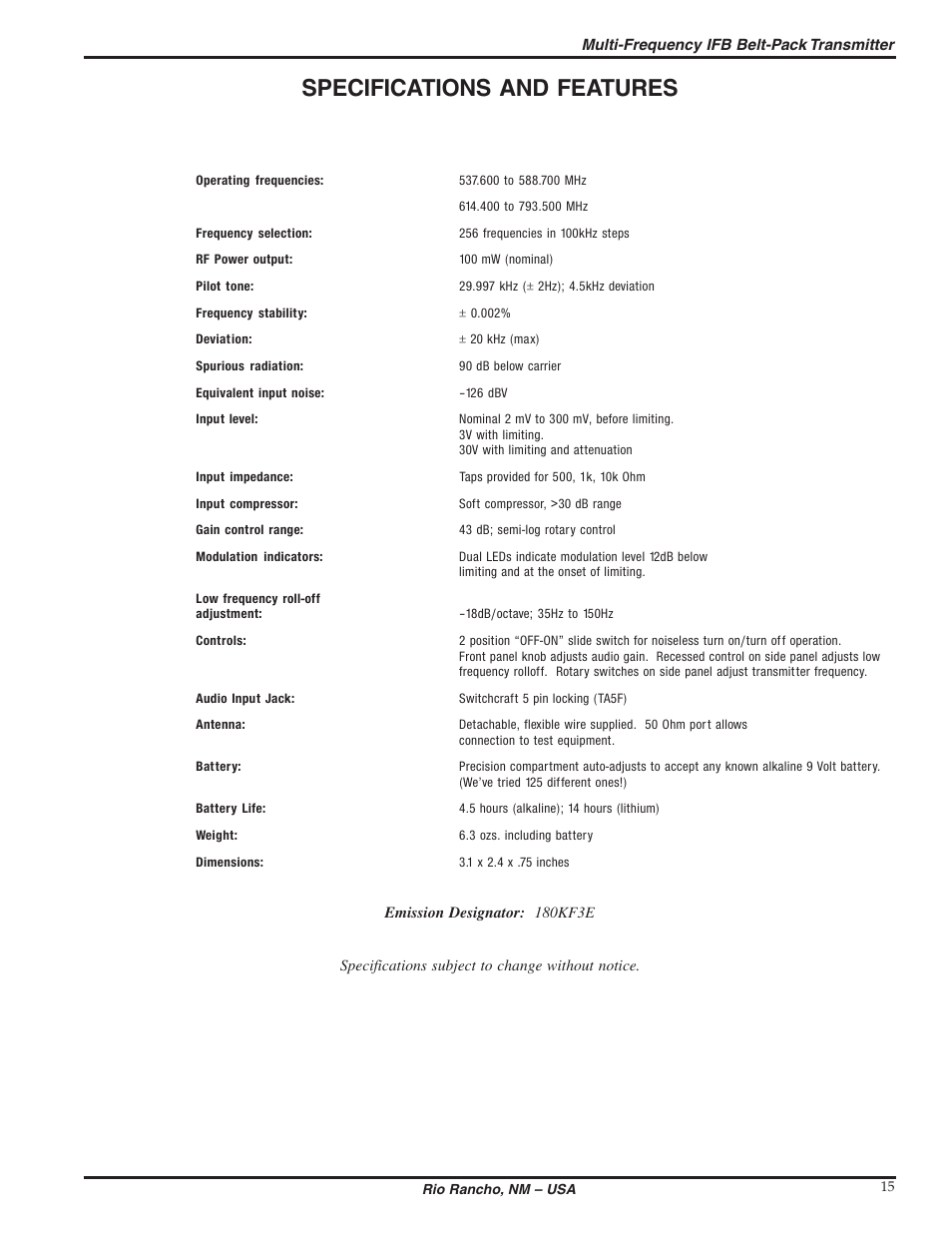 Specifications and features | Lectrosonics T2 User Manual | Page 15 / 18
