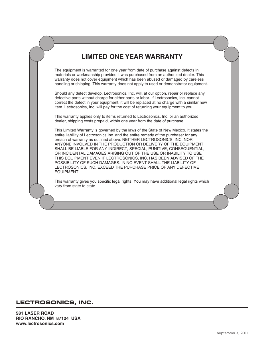 Limited one year warranty | Lectrosonics T2 User Manual | Page 18 / 18