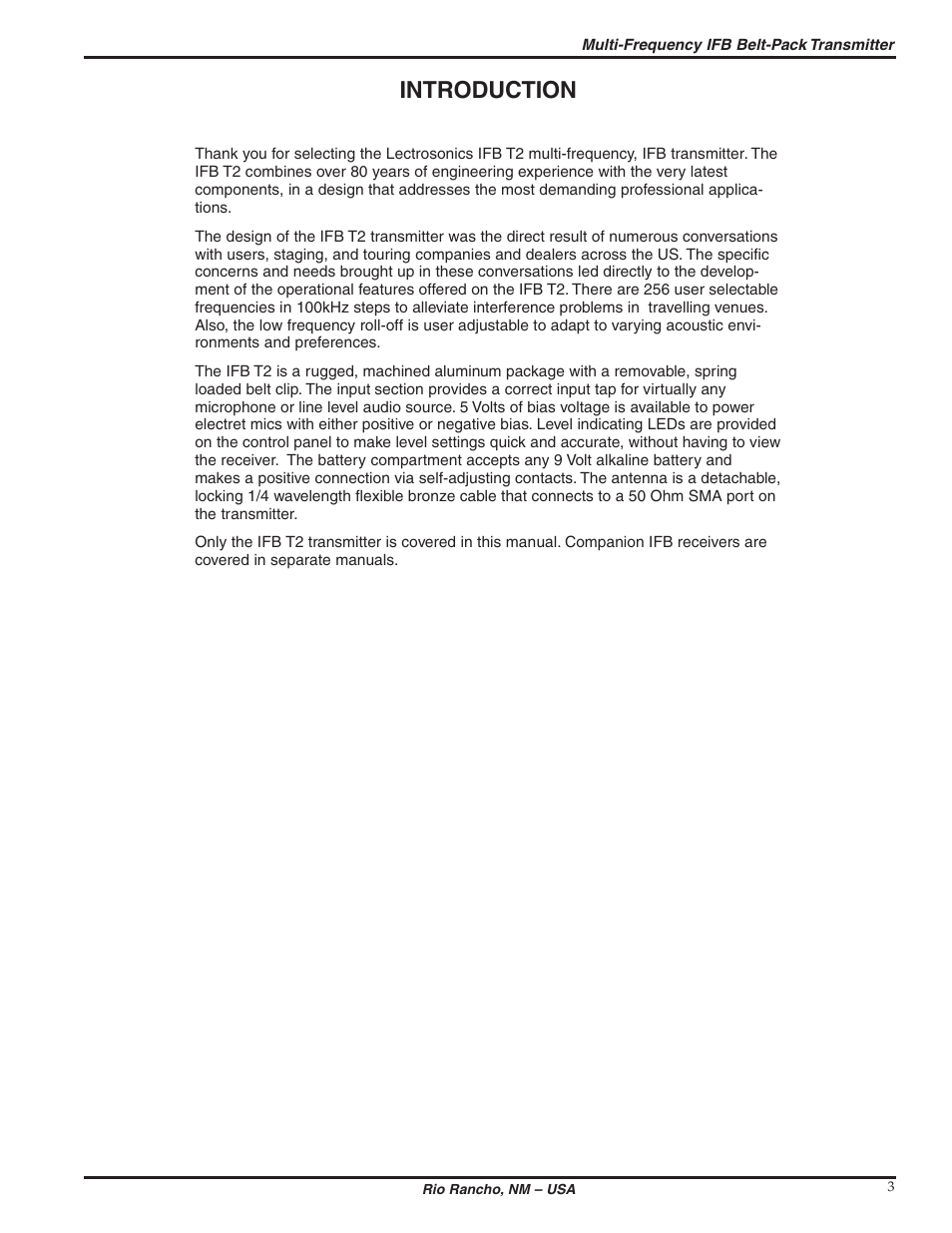 Introduction | Lectrosonics T2 User Manual | Page 3 / 18