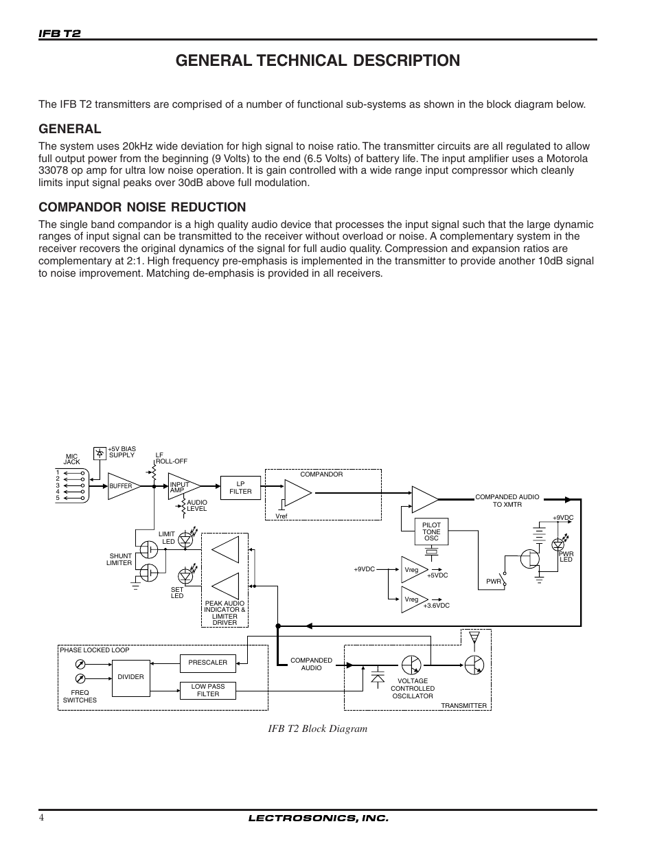 General technical description, General, Compandor noise reduction | Ifb t2 block diagram | Lectrosonics T2 User Manual | Page 4 / 18
