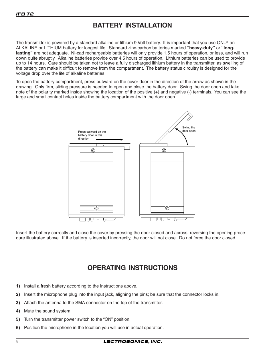 Battery installation, Operating instructions | Lectrosonics T2 User Manual | Page 8 / 18