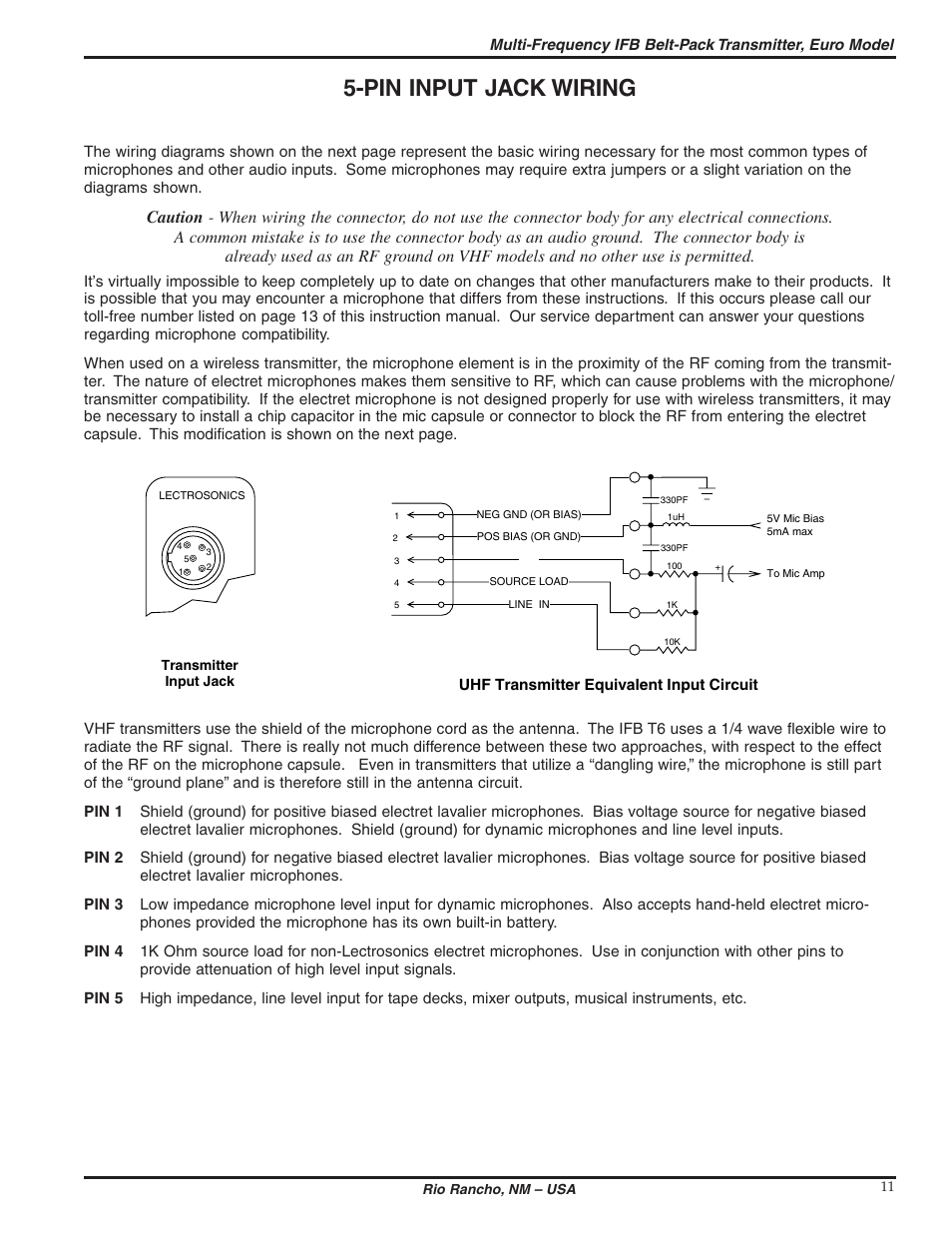 Pin input jack wiring | Lectrosonics T6 User Manual | Page 11 / 16