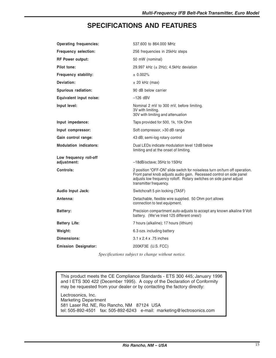 Specifications and features | Lectrosonics T6 User Manual | Page 15 / 16