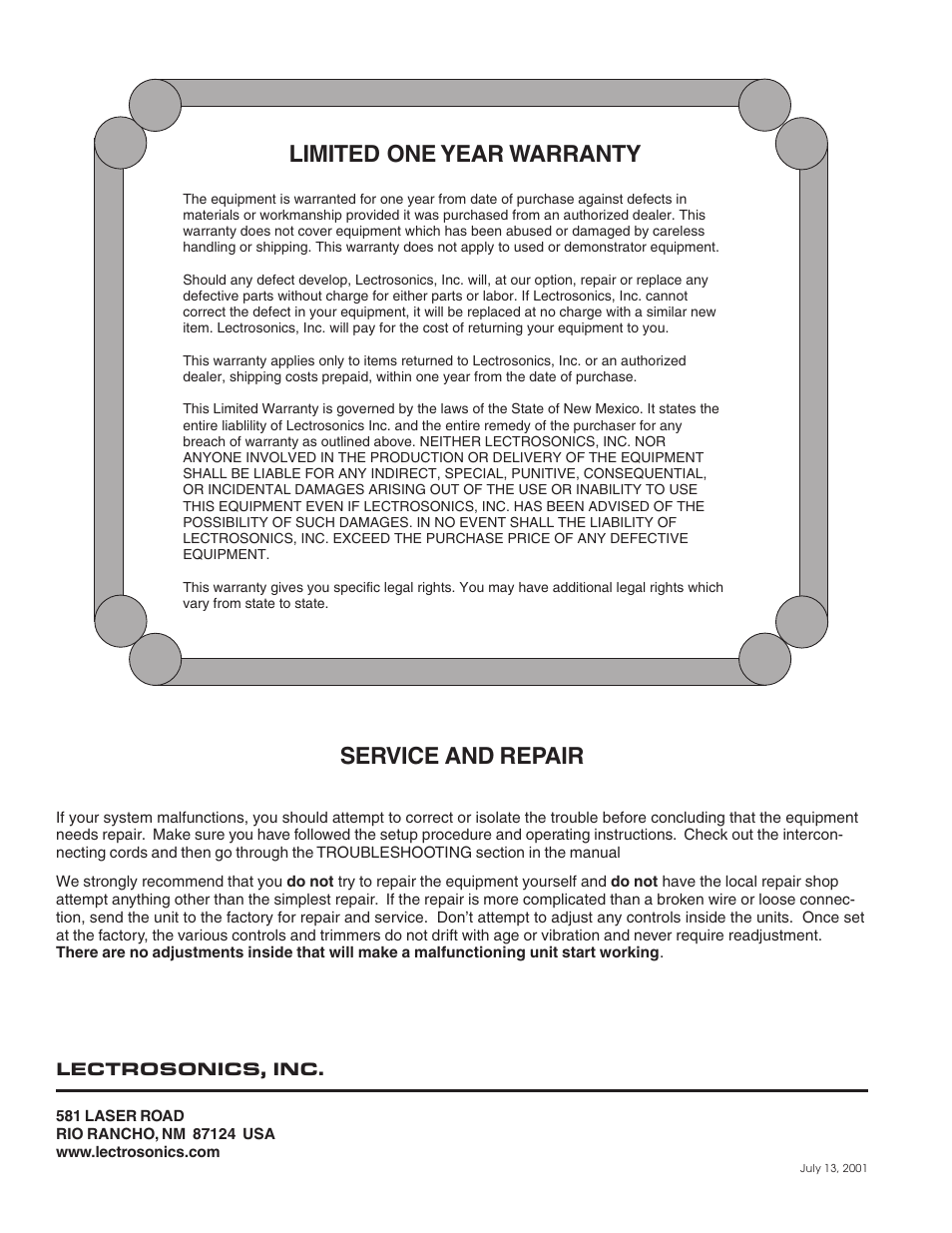 Limited one year warranty service and repair | Lectrosonics T6 User Manual | Page 16 / 16