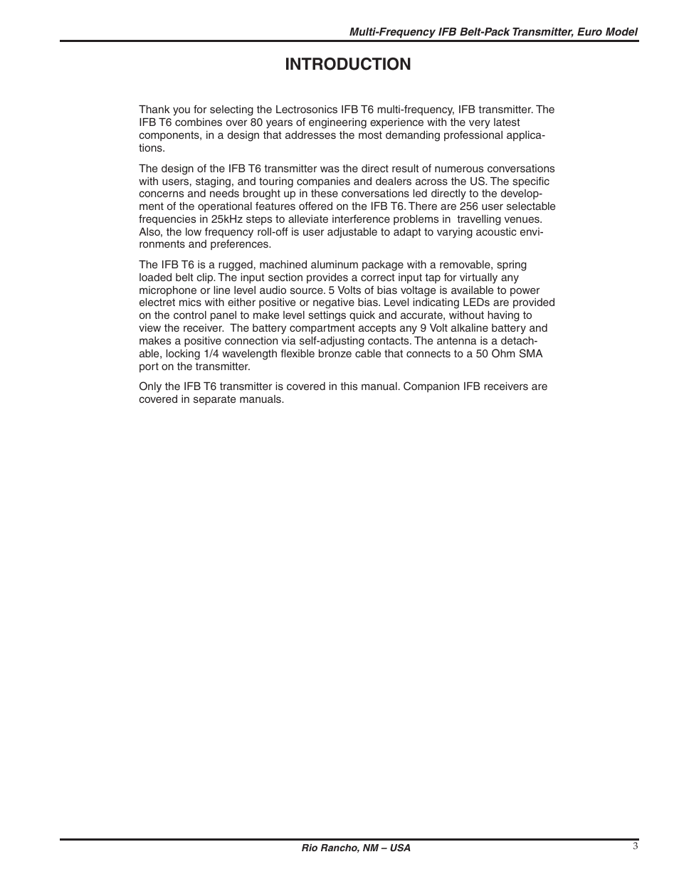 Introduction | Lectrosonics T6 User Manual | Page 3 / 16