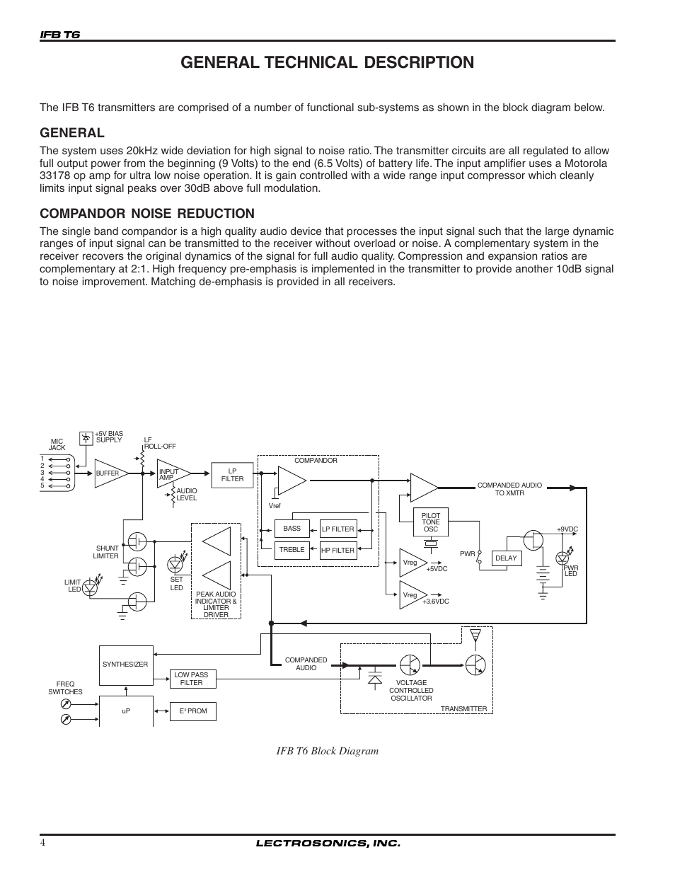 General technical description, General, Compandor noise reduction | Ifb t6 block diagram | Lectrosonics T6 User Manual | Page 4 / 16