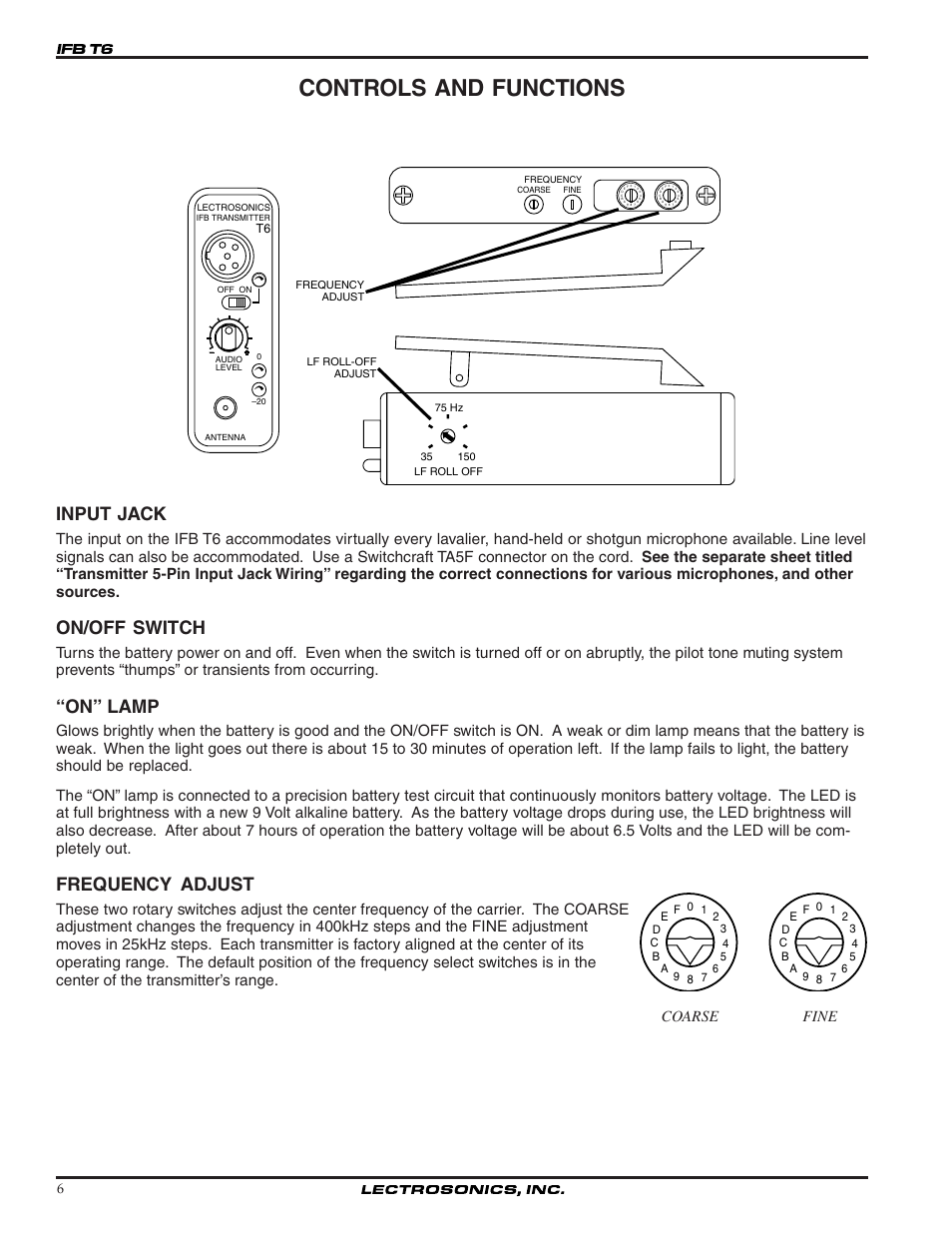 Controls and functions, Input jack, On/off switch | On” lamp, Frequency adjust, Coarse fine | Lectrosonics T6 User Manual | Page 6 / 16