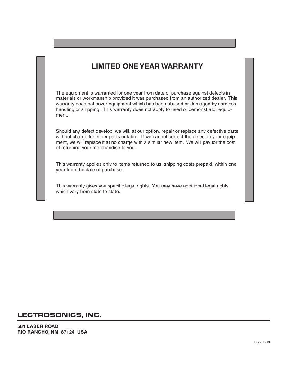 Limited one year warranty | Lectrosonics QUAD195D User Manual | Page 10 / 10