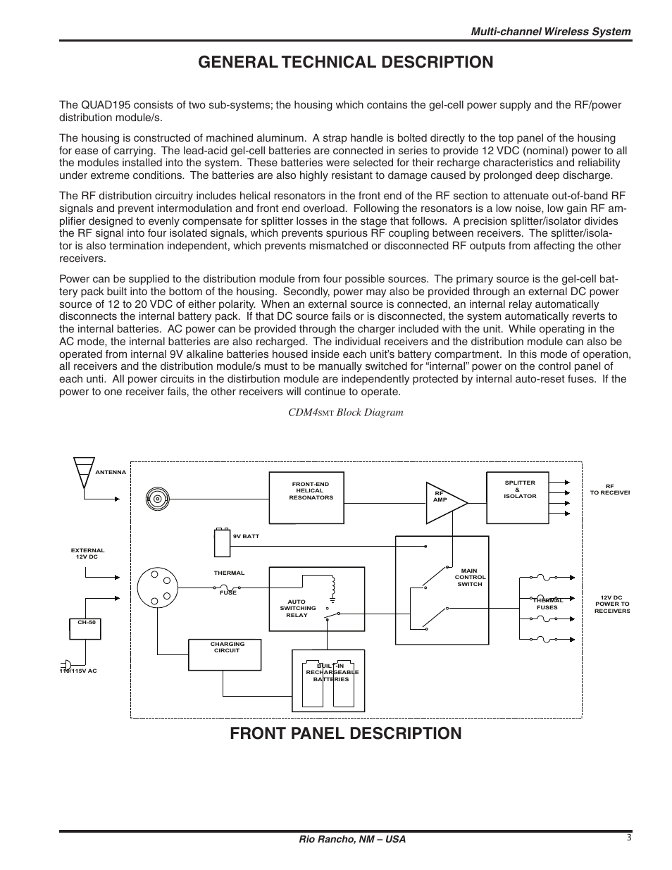 General technical description, Front panel description, Multi-channel wireless system | Block diagram | Lectrosonics QUAD195D User Manual | Page 3 / 10