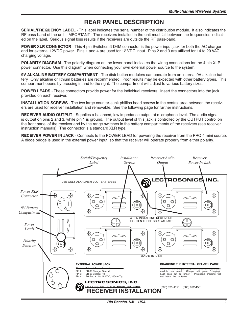 Rear panel description, Receiver installation, Lectrosonics, inc | Lectrosonics QUAD195D User Manual | Page 5 / 10