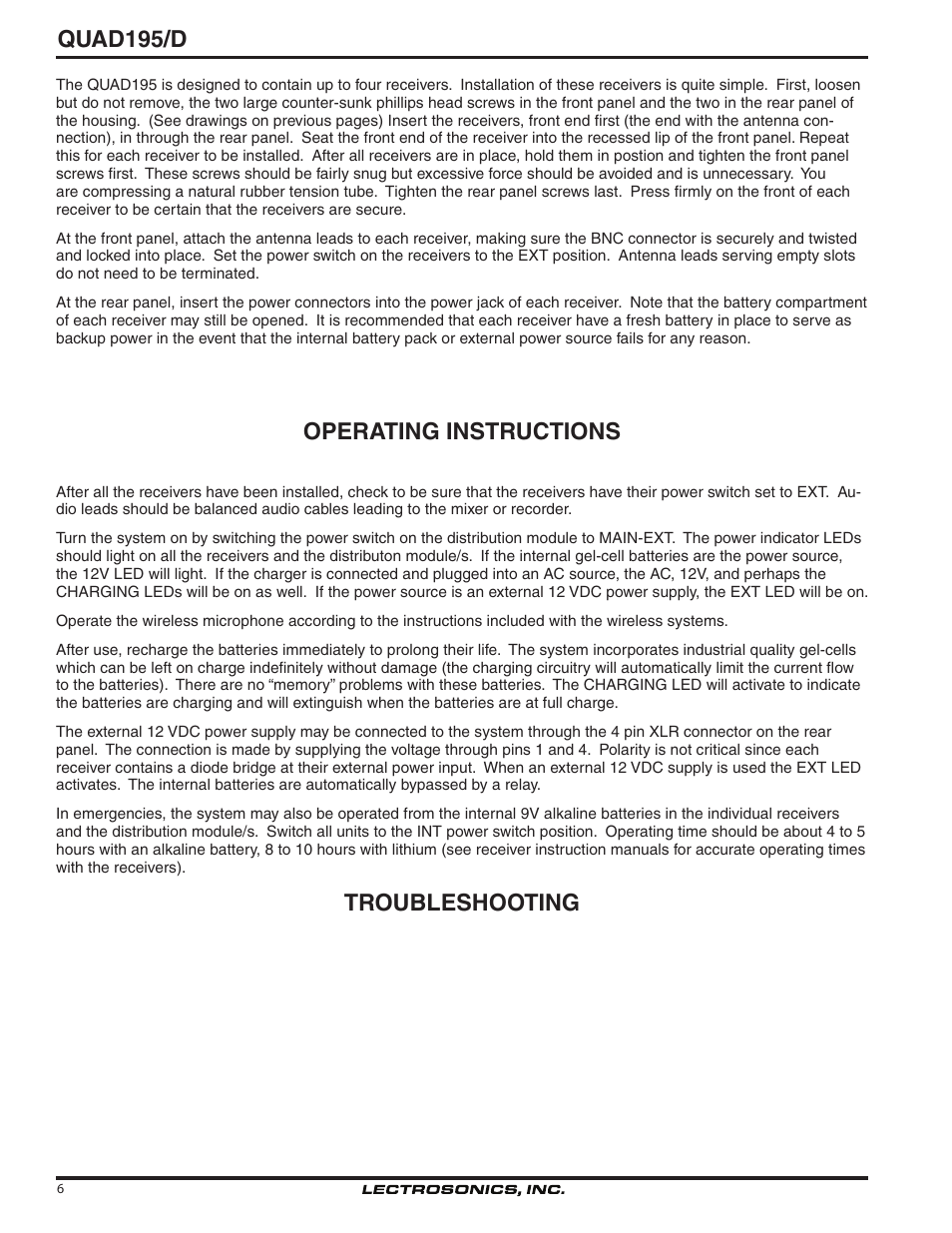 Quad195/d, Operating instructions, Troubleshooting | Lectrosonics QUAD195D User Manual | Page 6 / 10