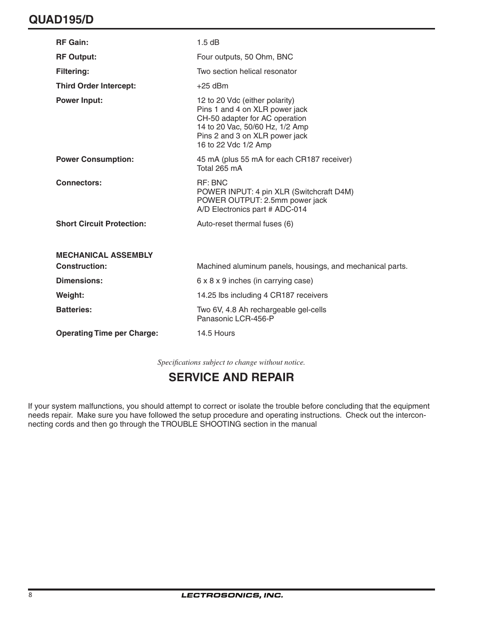 Quad195/d, Service and repair | Lectrosonics QUAD195D User Manual | Page 8 / 10