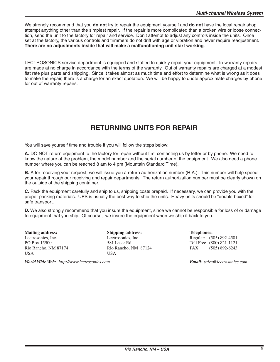 Returning units for repair | Lectrosonics QUAD195D User Manual | Page 9 / 10
