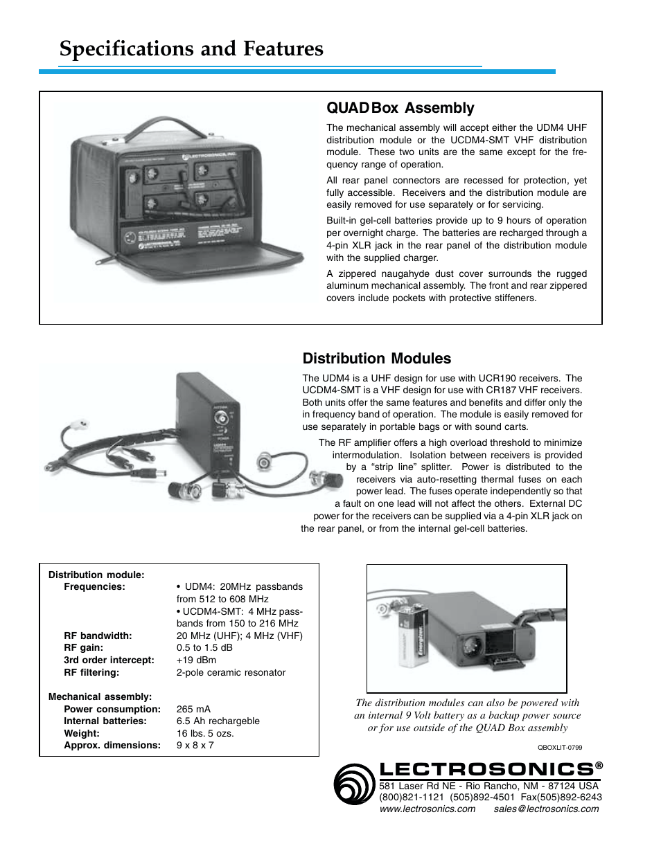 Specifications and features, Lectrosonics, Quad box assembly | Distribution modules | Lectrosonics QUADBox User Manual | Page 2 / 2