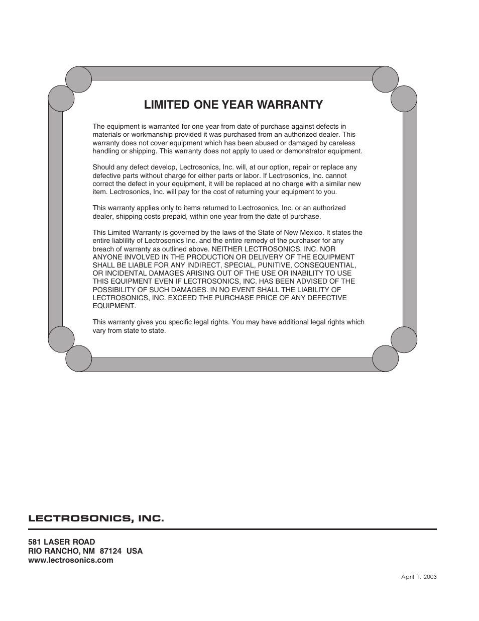 Limited one year warranty | Lectrosonics QUADUHFD User Manual | Page 10 / 10