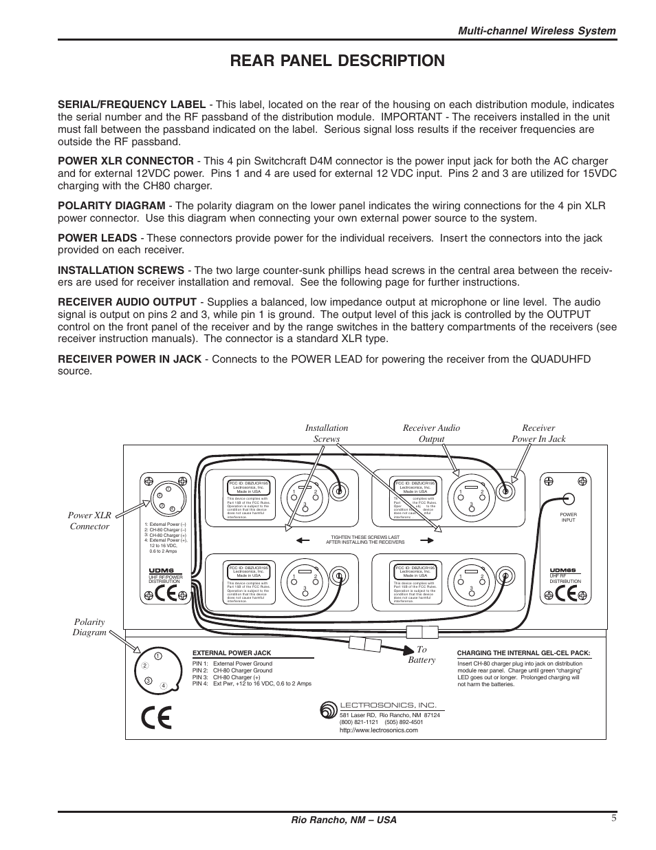 Rear panel description, Multi-channel wireless system, Installation receiver audio receiver screws | Lectrosonics QUADUHFD User Manual | Page 5 / 10