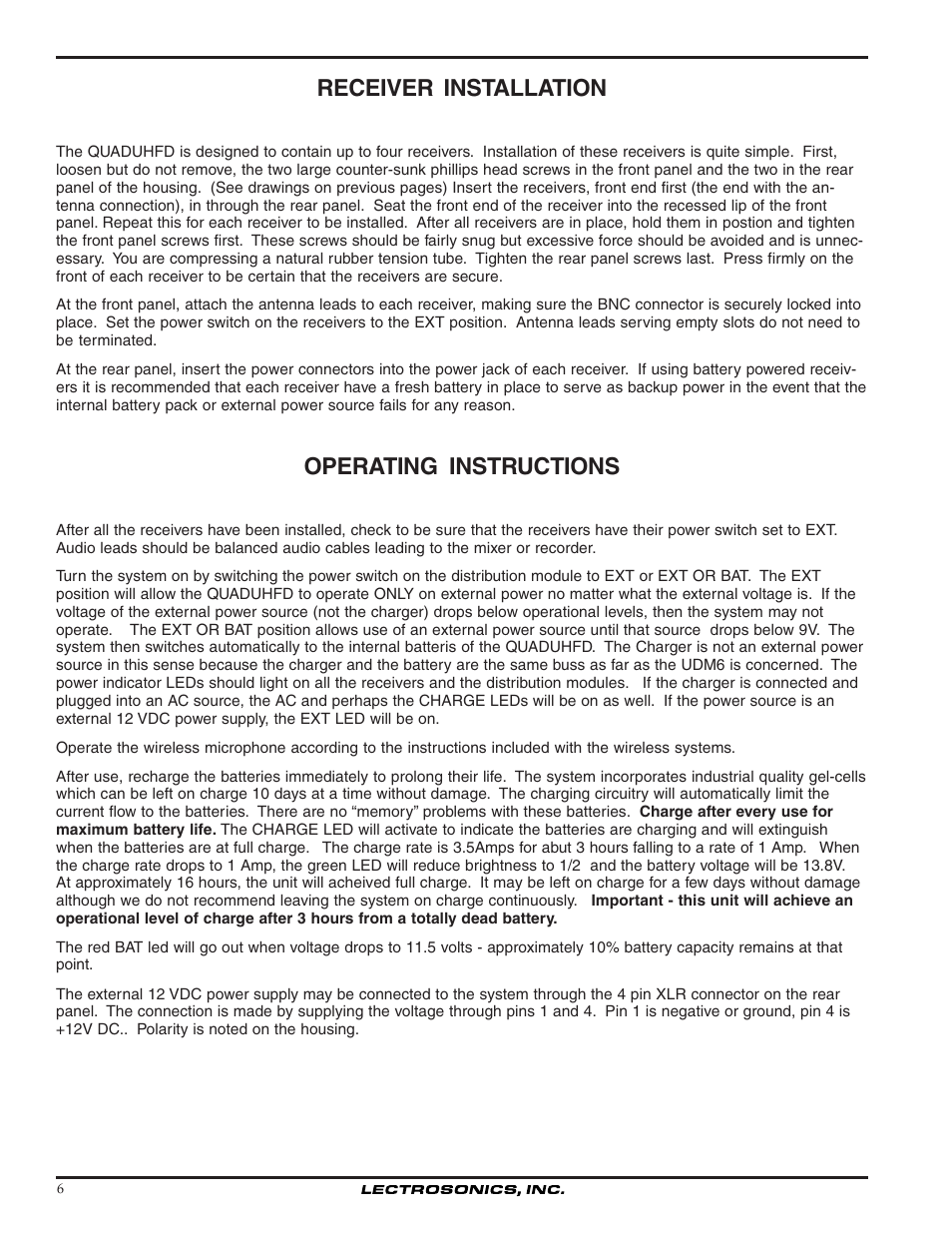 Receiver installation, Operating instructions | Lectrosonics QUADUHFD User Manual | Page 6 / 10