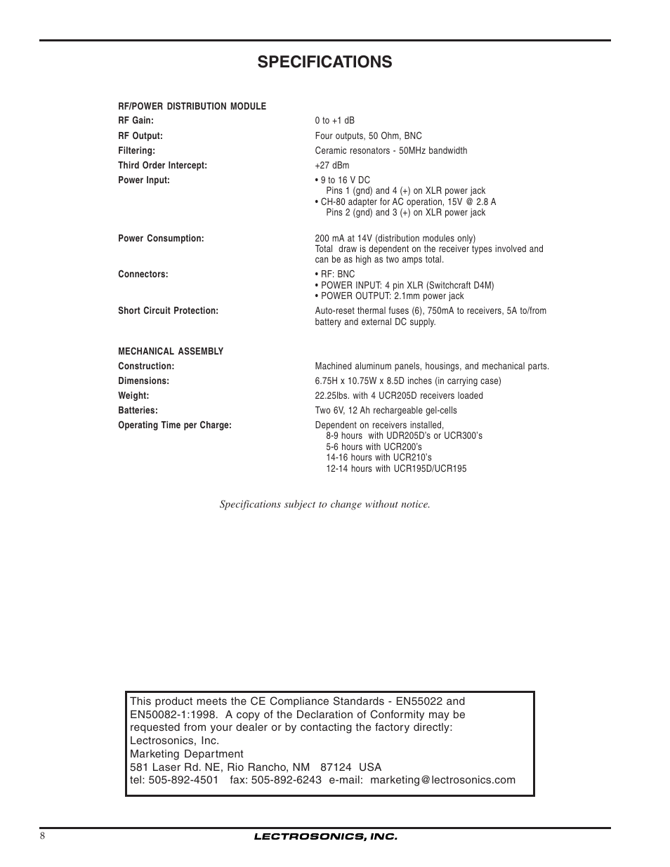 Specifications | Lectrosonics QUADUHFD User Manual | Page 8 / 10