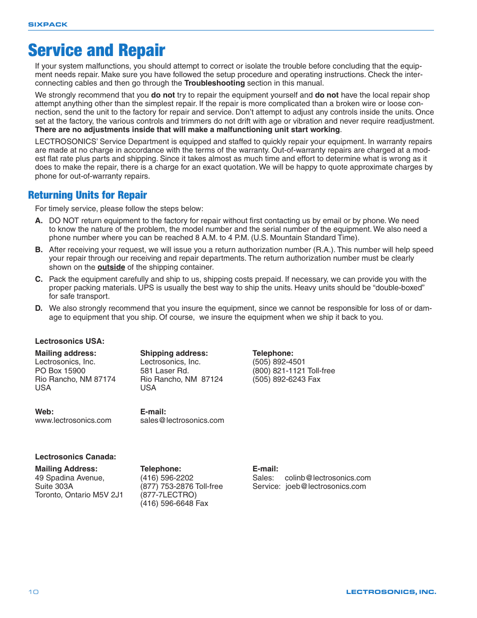 Service and repair, Returning units for repair | Lectrosonics SIXPACK User Manual | Page 10 / 12