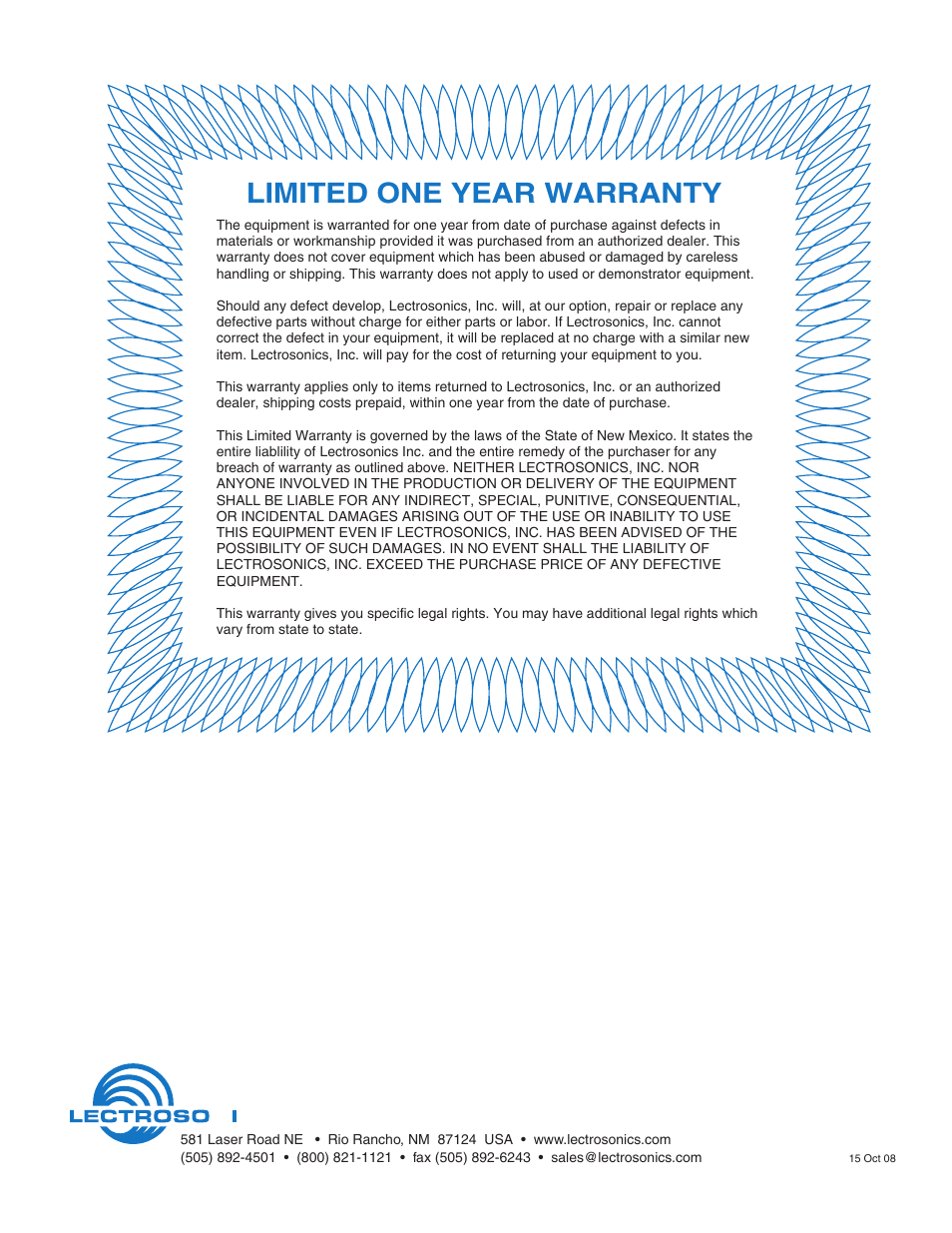 Limited one year warranty | Lectrosonics SIXPACK User Manual | Page 12 / 12