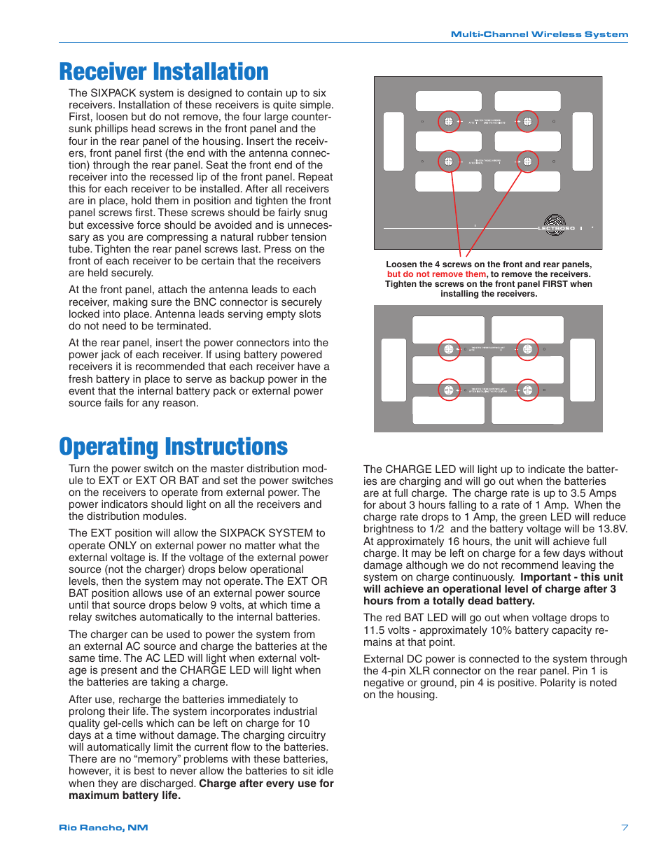 Receiver installation, Operating instructions | Lectrosonics SIXPACK User Manual | Page 7 / 12