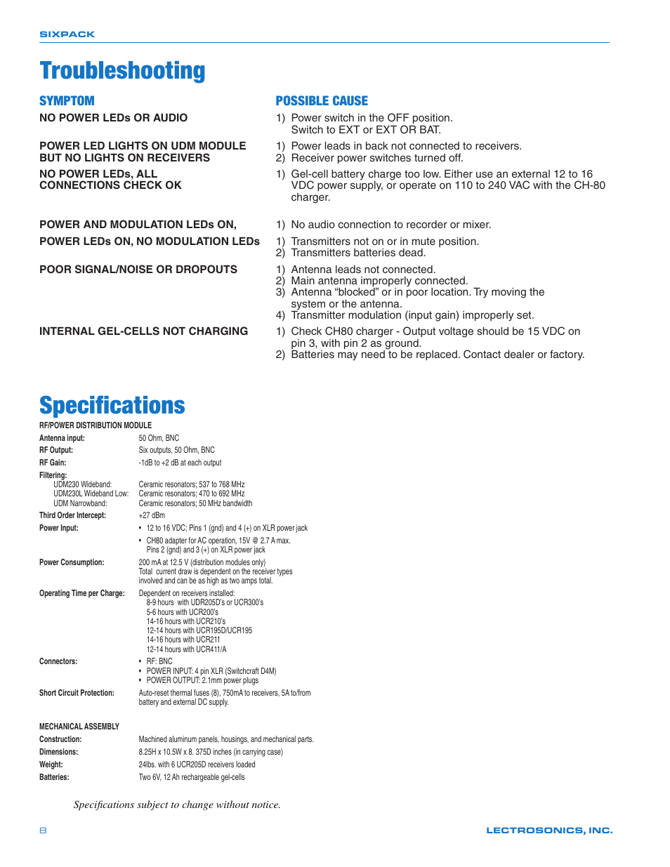 Troubleshooting, Specifications, Symptom possible cause | Lectrosonics SIXPACK User Manual | Page 8 / 12