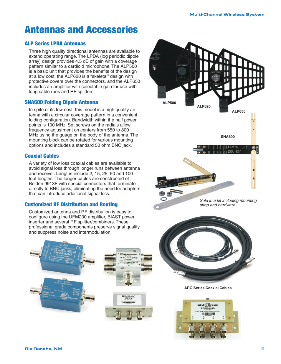 Antennas and accessories, Alp series lpda antennas, Sna600 folding dipole antenna | Coaxial cables, Customized rf distribution and routing | Lectrosonics SIXPACK User Manual | Page 9 / 12