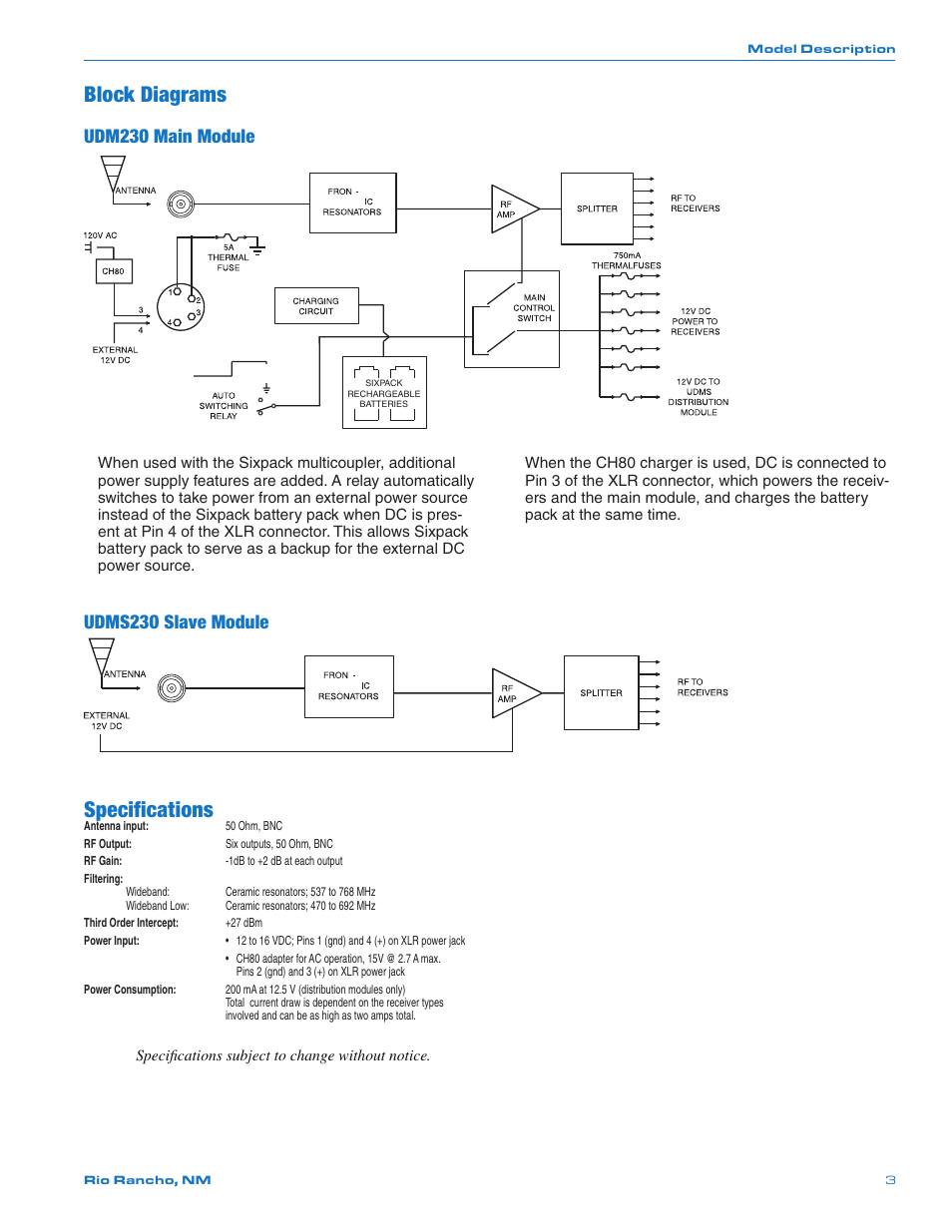 Block diagrams, Specifications, Udm230 main module | Udms230 slave module | Lectrosonics UDM230 User Manual | Page 3 / 4