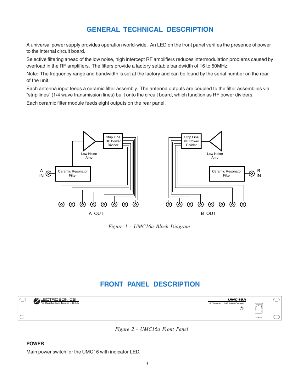 General technical description, Front panel description, Figure 1 - umc16a block diagram | Figure 2 - umc16a front panel | Lectrosonics UMC16a User Manual | Page 3 / 8
