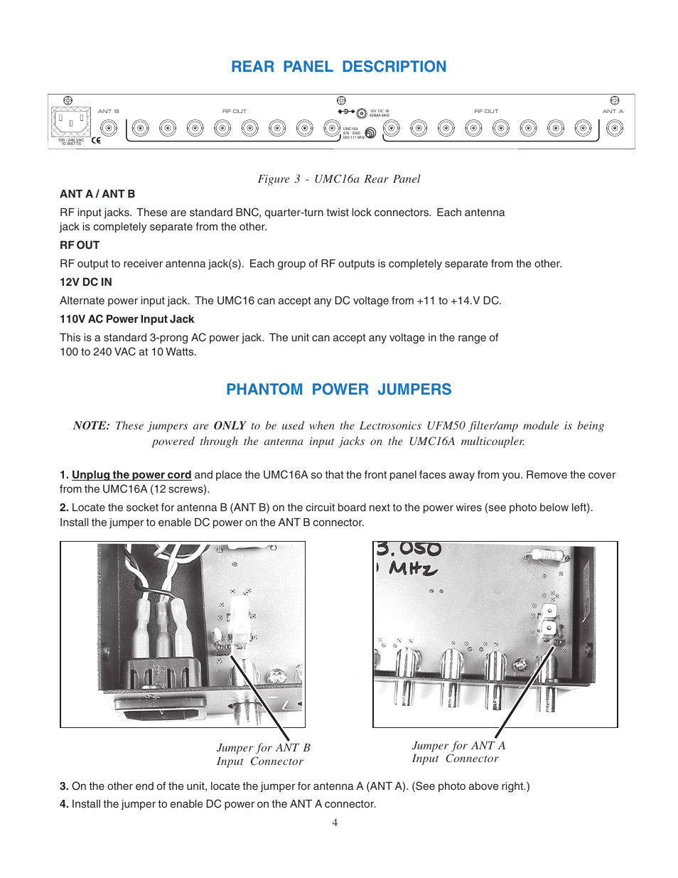 Rear panel description, Phantom power jumpers, Figure 3 - umc16a rear panel | Lectrosonics UMC16a User Manual | Page 4 / 8