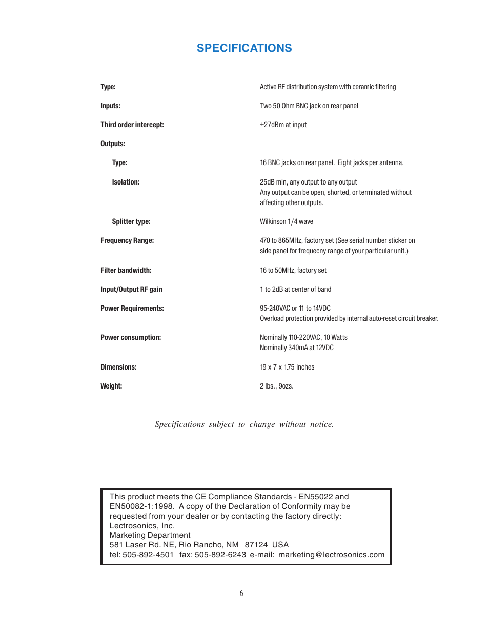 Specifications, Service and repair | Lectrosonics UMC16a User Manual | Page 6 / 8