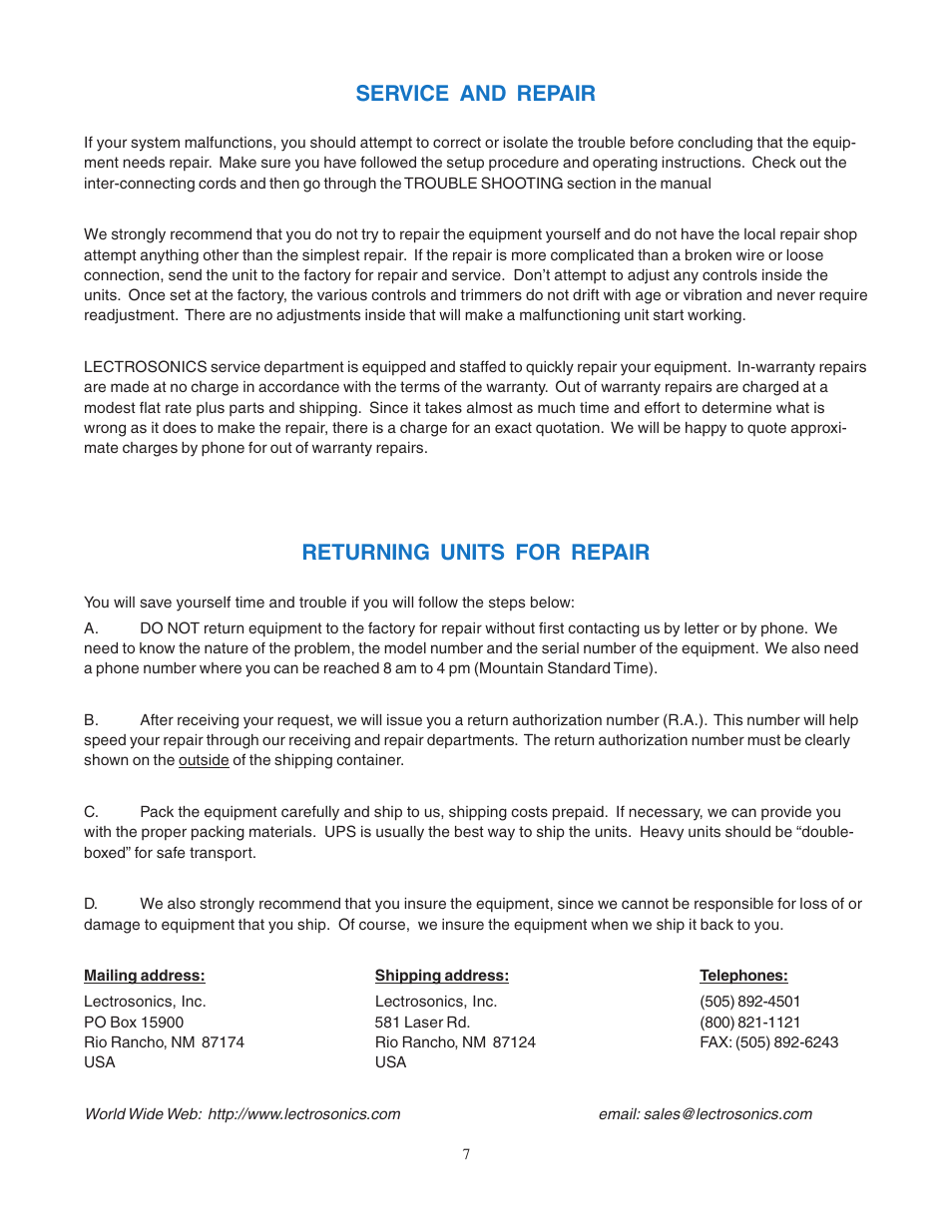 Service and repair, Returning units for repair | Lectrosonics UMC16a User Manual | Page 7 / 8