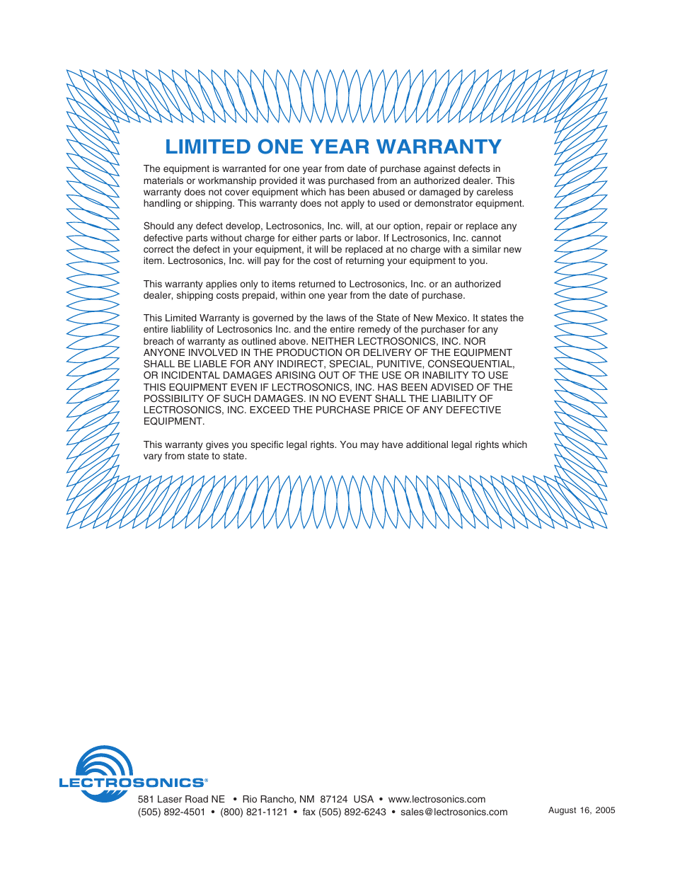 Limited one year warranty | Lectrosonics UMC16a User Manual | Page 8 / 8
