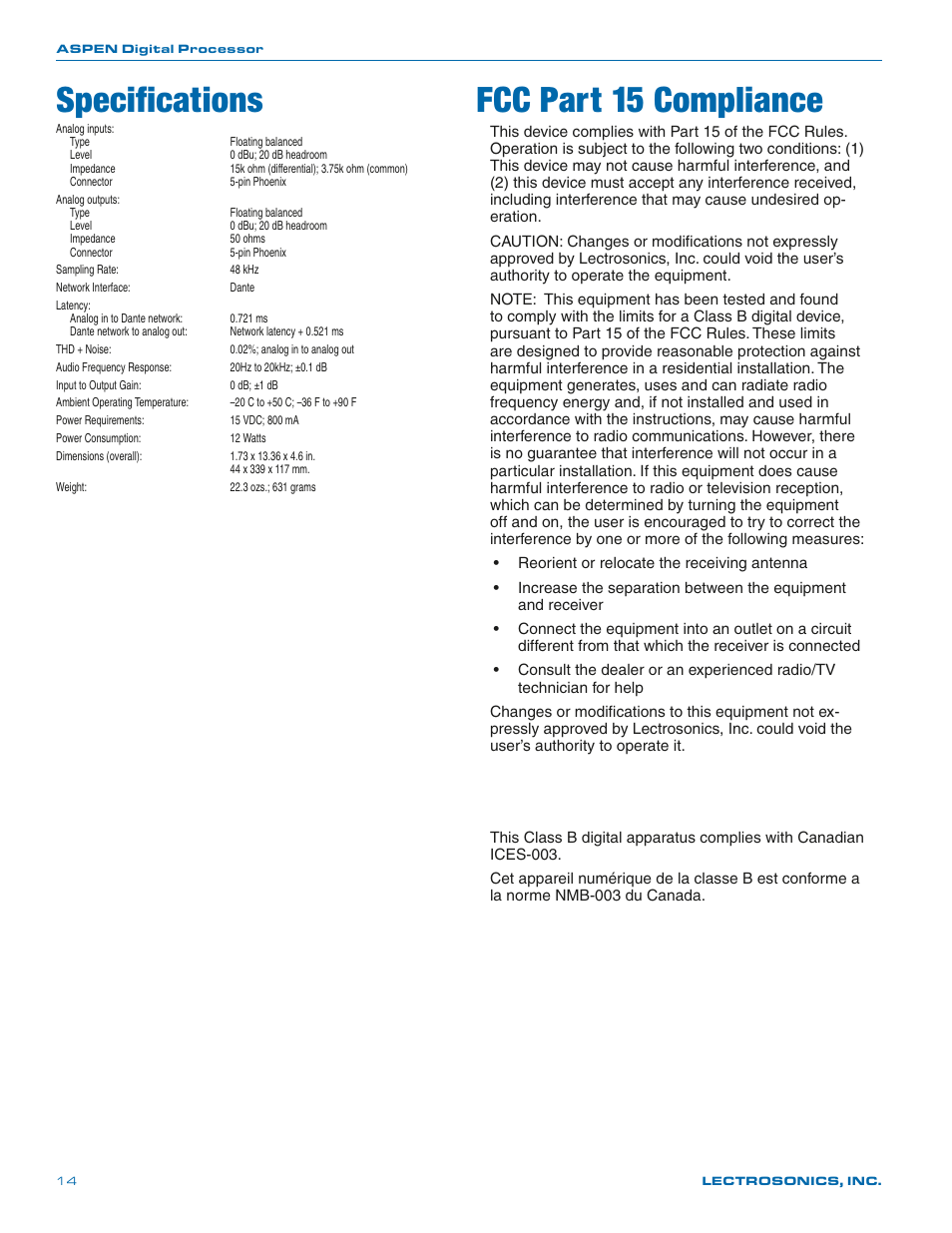 Specifications, Fcc part 15 compliance | Lectrosonics DNTBOB 88 User Manual | Page 14 / 16