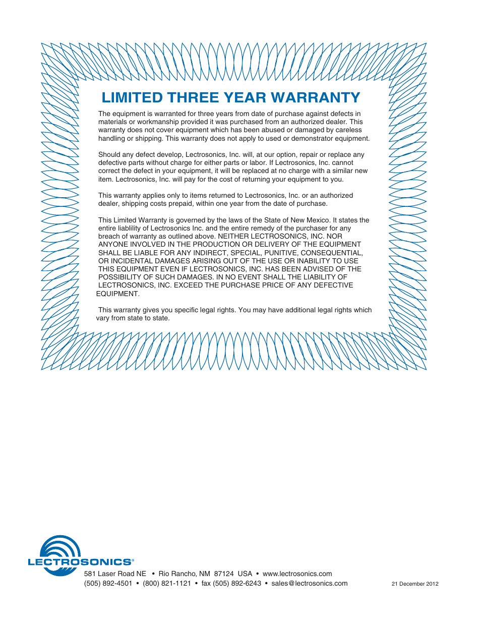 Limited three year warranty | Lectrosonics DNTBOB 88 User Manual | Page 16 / 16