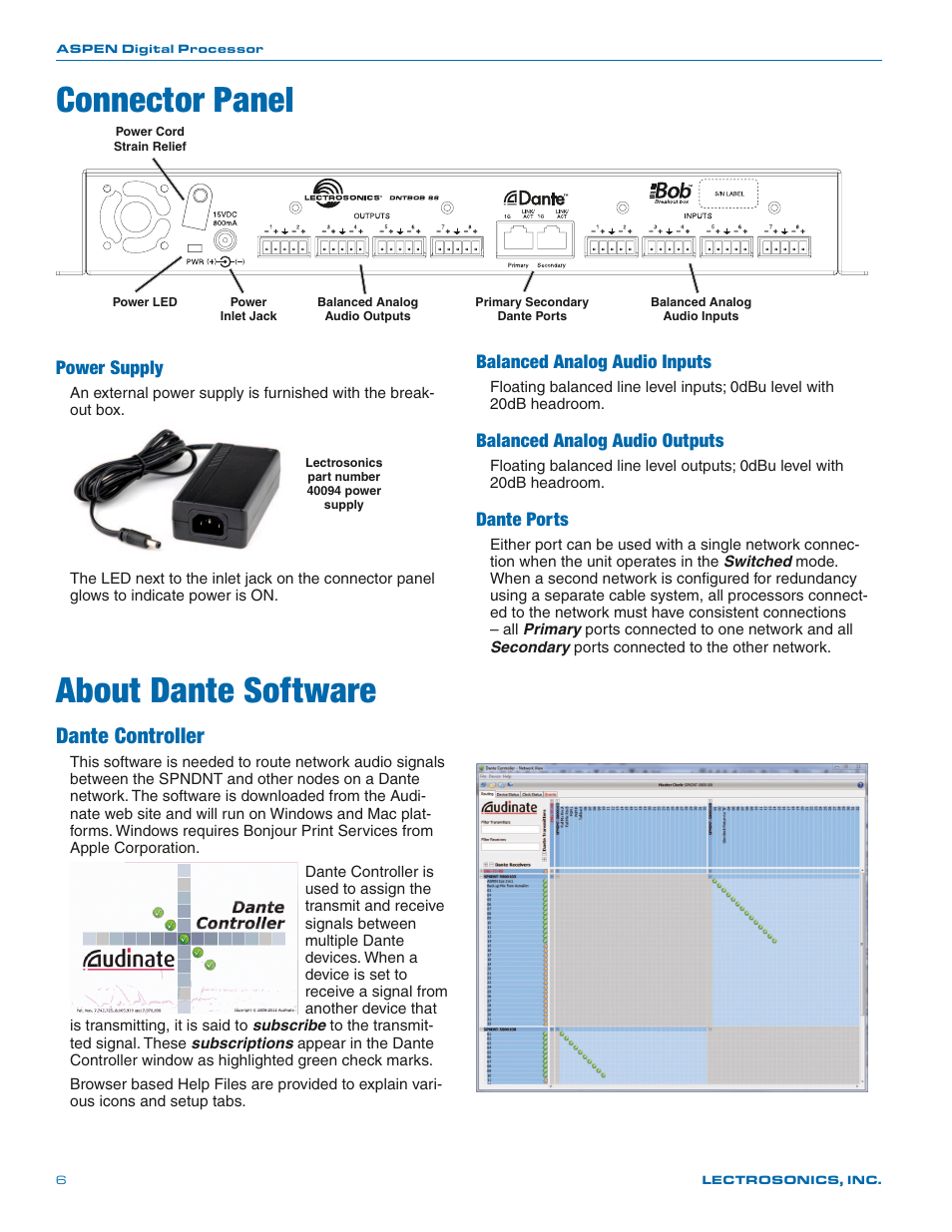 Connector panel, About dante software, Dante controller | Power supply, Balanced analog audio inputs, Balanced analog audio outputs, Dante ports | Lectrosonics DNTBOB 88 User Manual | Page 6 / 16