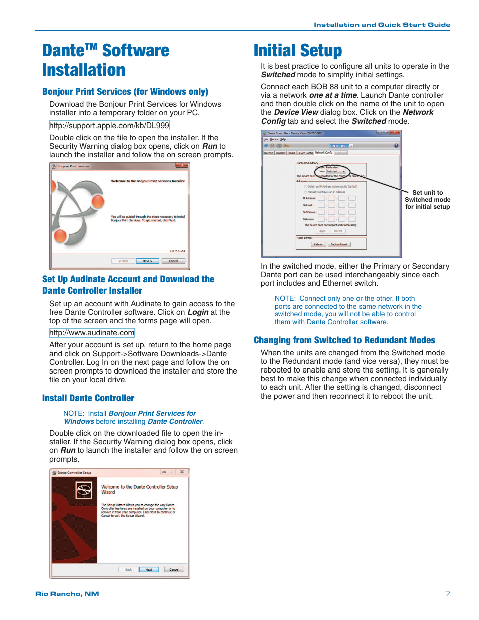 Dante, Software installation, Initial setup | Lectrosonics DNTBOB 88 User Manual | Page 7 / 16