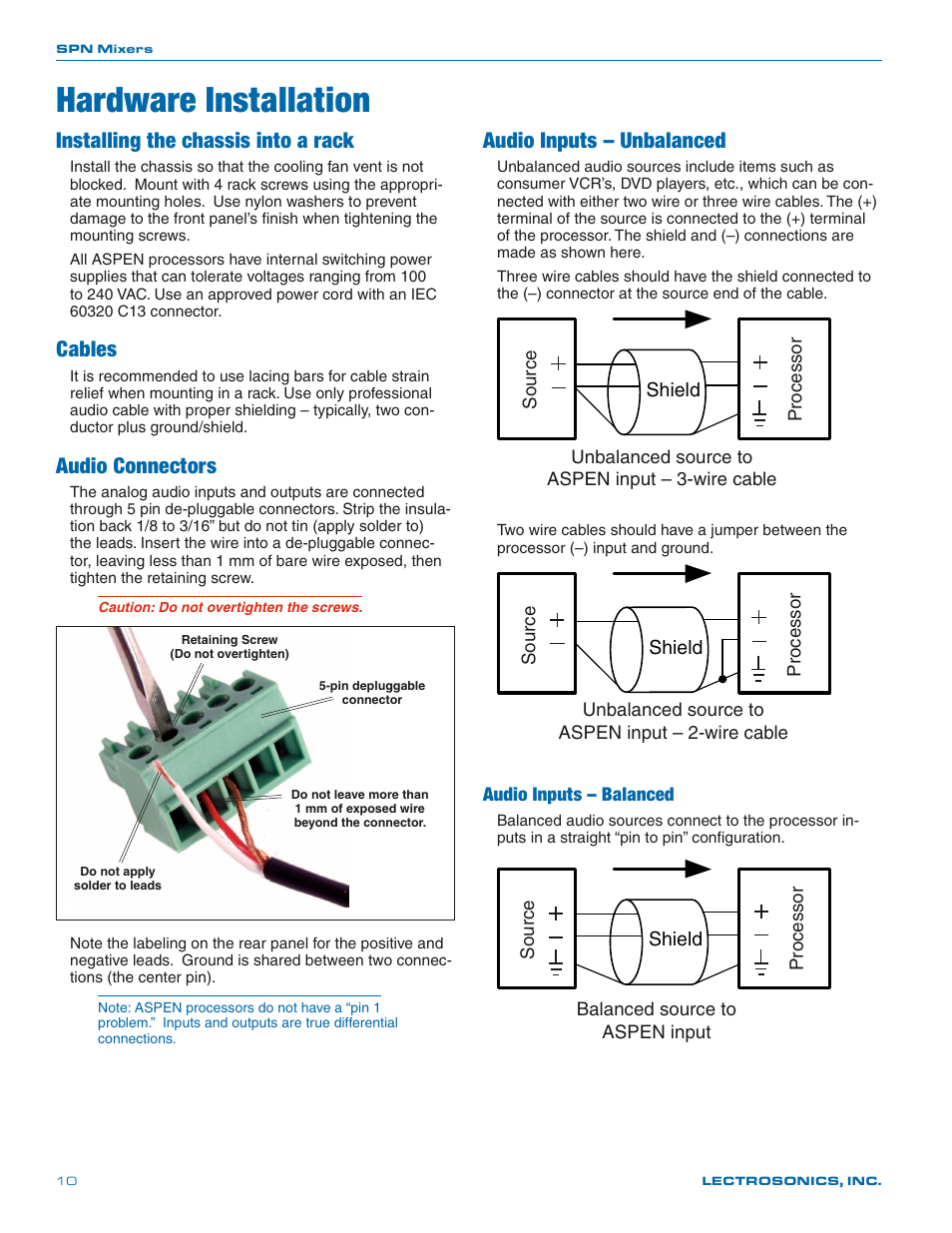 Hardware installation, Installing the chassis into a rack, Cables | Audio connectors, Audio inputs – unbalanced, Audio inputs – balanced | Lectrosonics SPN812 User Manual | Page 10 / 24