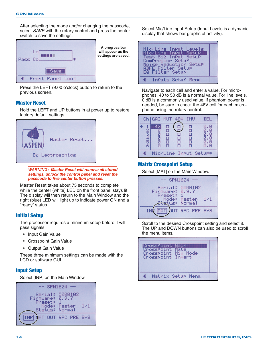 Master reset, Initial setup, Input setup | Matrix crosspoint setup | Lectrosonics SPN812 User Manual | Page 14 / 24