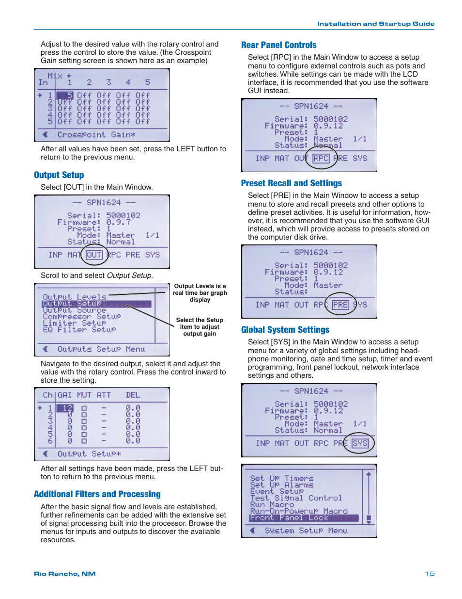 Output setup, Additional filters and processing, Rear panel controls | Preset recall and settings, Global system settings | Lectrosonics SPN812 User Manual | Page 15 / 24