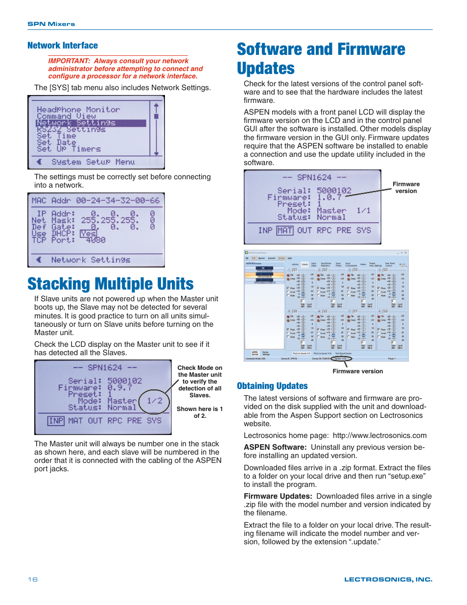 Software and firmware updates, Stacking multiple units, Network interface | Obtaining updates | Lectrosonics SPN812 User Manual | Page 16 / 24