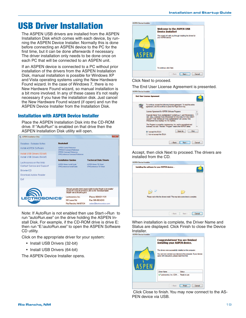 Usb driver installation, Installation with aspen device installer | Lectrosonics SPN812 User Manual | Page 19 / 24