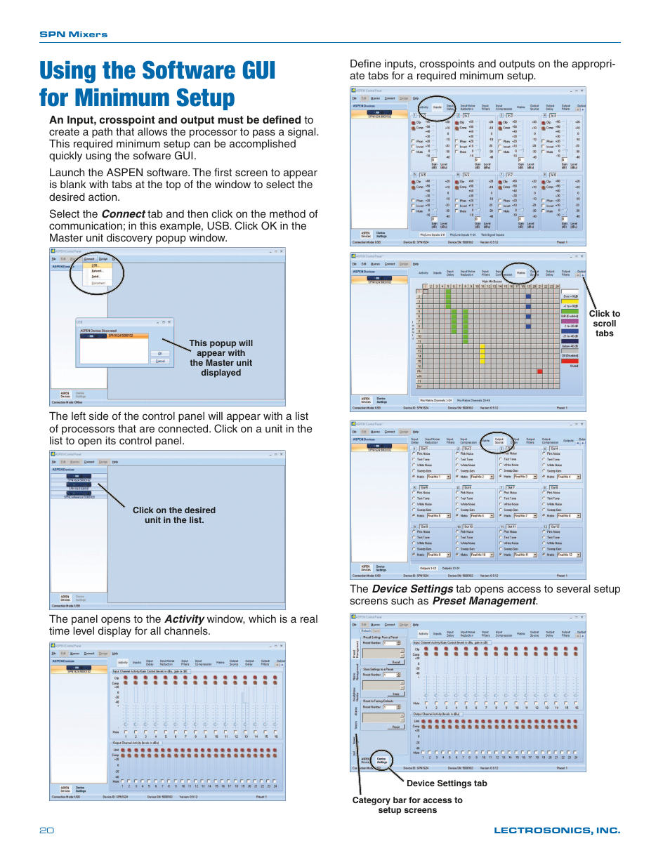 Using the software gui, For minimum setup, Using the software gui for minimum setup | Lectrosonics SPN812 User Manual | Page 20 / 24