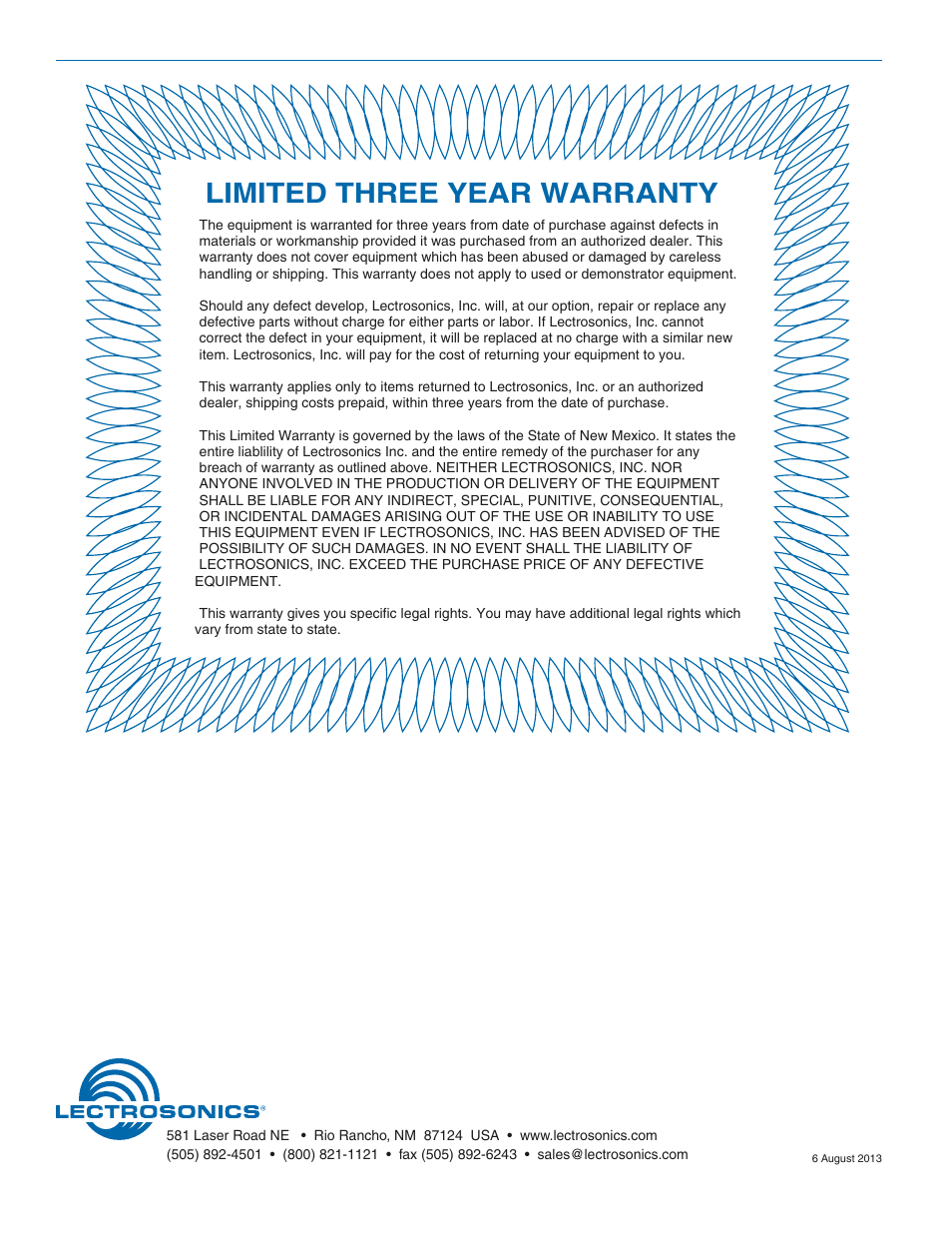 Limited three year warranty | Lectrosonics SPN812 User Manual | Page 24 / 24