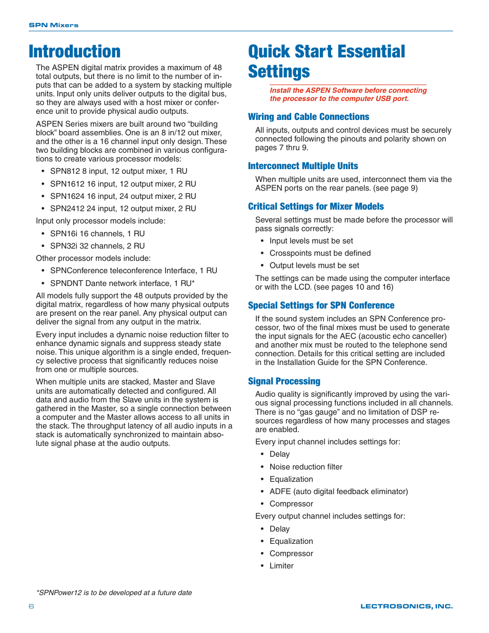 Introduction, Quick start essential settings, Wiring and cable connections | Interconnect multiple units, Critical settings for mixer models, Special settings for spn conference, Signal processing | Lectrosonics SPN812 User Manual | Page 6 / 24